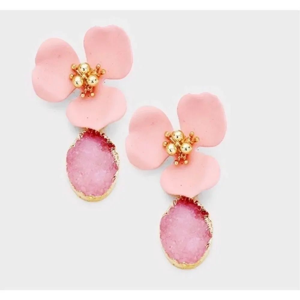 New Woman Boutique Spring In Bloom Pink Genuine Druzy Dangle Earrings